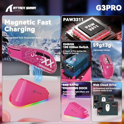 MAMBASNAKE ATTACK SHARK G3PRO Wireless Gaming Mouse with RGB Magnetic Charging Dock,Tri-Mode-2.4G/USB-C Wired/BT, 25K DPI,PAW3311 Optical Sensor,59g Ultra Lightweight,Slip Grip Tape for PC/Mac(Red) - color: Red & Griptape