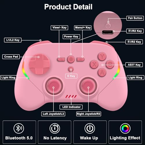 Megadream Phone Controller for PC/Switch 2|Swith/Android/iPad/Tablet/iPhone Controller - RGB light - Hall Effect Trigger/Joystick - Call of Duty, Roblox, Genshin Impact, Direct Play, Pink - color: Pink