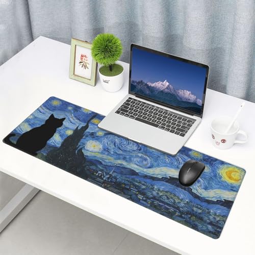 Large Gaming Mouse Pad Desk Mat, Starry Night Cat Extended Keyboard Mouse Pad Mousepad with Non-Slip Base and Stitched Edge Mouse Mat Desk Pad Mouse Pads for Desk Home Office, 31.5 x 11.8 - color: Starry Night Cat