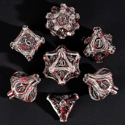 Metal DND Dice 7PCS Metal Dice Set Bloodstained for Tabletop Games | Leather Storage Bag, DM Gift, for Dungeons and Dragons Role Playing Games - color: Metal Tree-blood