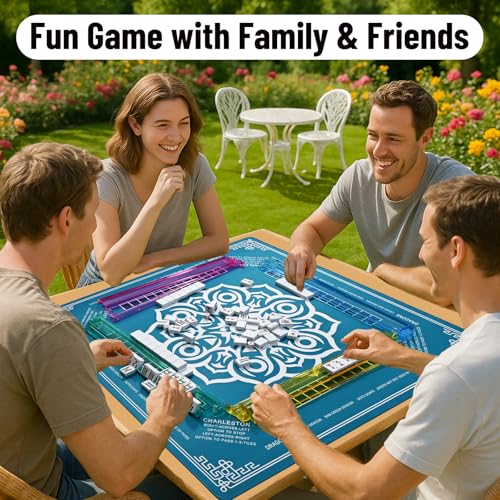 Goldge American Mahjong Tile Set – 166 White Tiles | 4 All-in-One Color Racks with Pushers, 3 Dice, Portable Blue Carrying Bag – Complete Mahjong Game Set – Blue - color: Blue