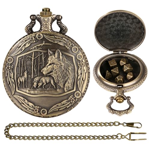 Mini DND Dice Set with Steampunk Wolf Pocket Watch Shell Case, 7pcs Polyhedral Metal D&D Dice, DND Gifts with Gift Box, Role Playing Board Games Accessories - color: Bronze