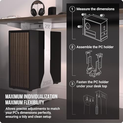 Heavy Duty Under Desk PC Holder – Up to 77 lbs Load Capacity - Adjustable Computer Tower Holder - Under Desk Computer Mount (White) - color: White