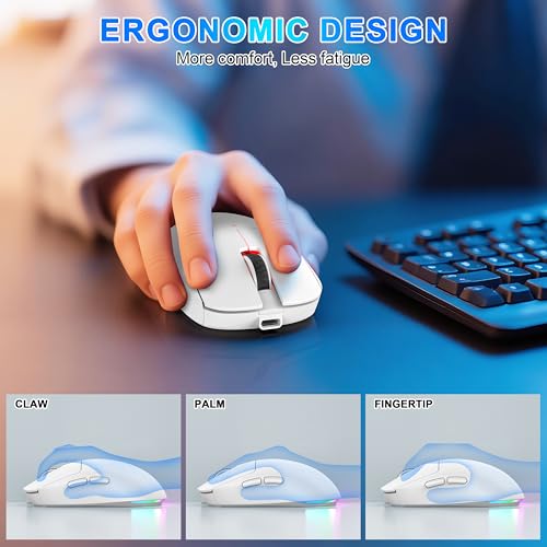 Bluetooth Wireless Gaming Mouse for MacBook Air PC iPad Pro, Ergonomic Rechargeable Laptop Mice with Jiggler Mode, 8000DPI RGB Computer Mouse Wired/Bluetooth 5.3/2.4G USB 3 Mode Connect - White