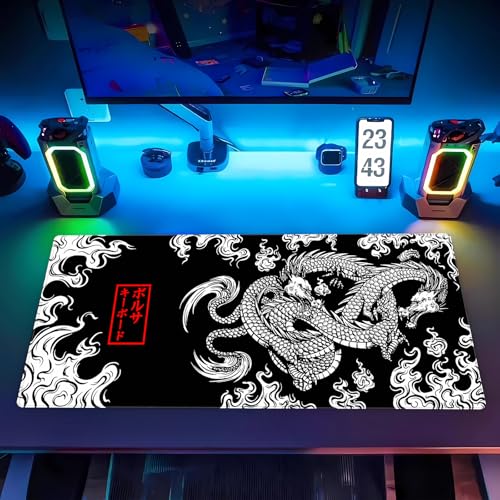 Japanese Dragon Desk Mat, Black White XXL Large Gaming Mouse Pad | Stunning high contrast ink dragon desk pad providing elite tracking accuracy, plush support, and anti-fray borders. - color: Dragon