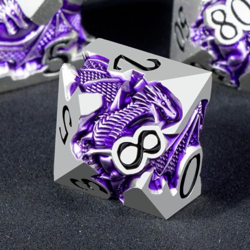 Roycevon Relief Dragon DND Dice Set for Role Playing Game, 7Pcs Metal D&D Dice Set Dungeons Dragons with Gift Box, Polyhedral D and D Dice D20 D12 D10 D8 D6 D4, Purple and Black - color: Purple and Black