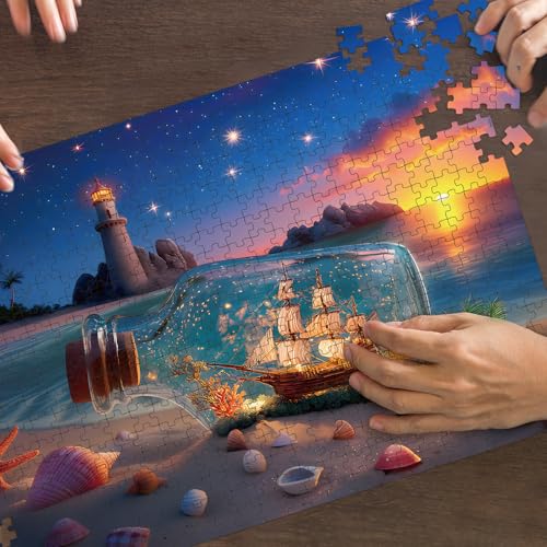 Puzzles for Adults 500 Pieces, Lighthouse Jigsaw Puzzles - Bottle of Stars, Impossible Beach Sailboat Puzzle for Seniors Families, 20.47x14.96 Inches, 1:1 Poster, Letter On The Back - style: Bottle of Stars