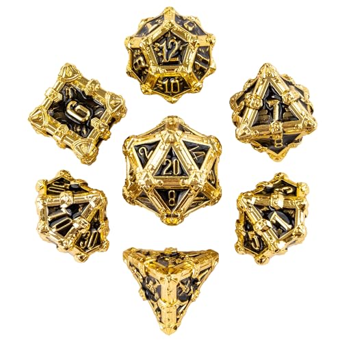 Metal Skull Dice Set with Skull Bag,7PCS Polyhedral Metal Dice Set for DND Role Playing Games(Gold Black) - color: Skull Gold Black