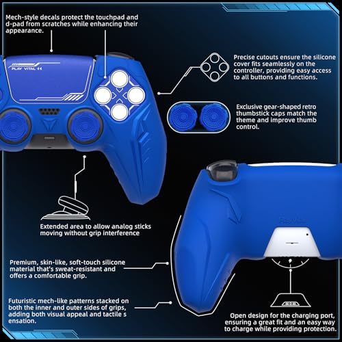 PlayVital 2 Pack Silicone Skin Set for PS5 Controller - Charging Dock Compatible, Full Protection Case with Futuristic CyberMech Design, Soft Cover with Thumb Grips & Stickers - Blue - color: 2 Blue