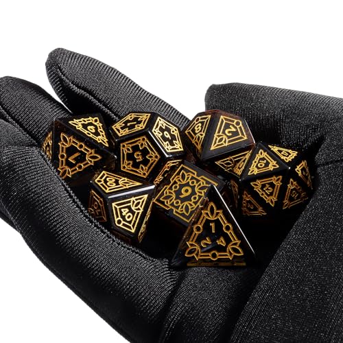 Premium Obsidian DND Dice Set with Celtic Knot Engravings – 7 Piece Polyhedral Gemstone Dice for Dungeons and Dragons, RPG, Tabletop Games – Black with Gold Numbers(Glass, Grey) - color: Grey