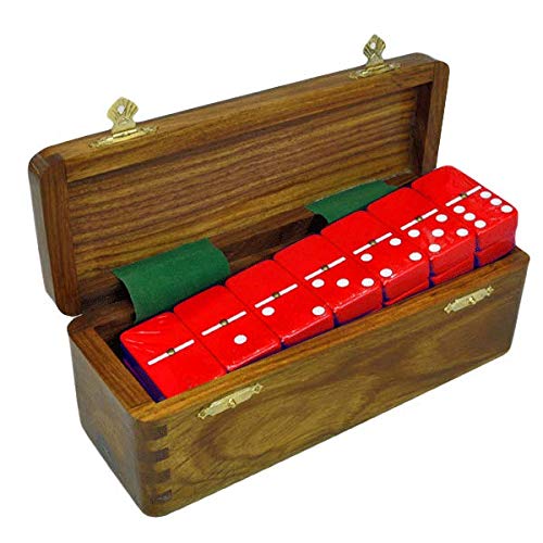 Marion Domino Double Six Red Jumbo Tournament Professional Size with Spinners in Dovetail Sheesham Wood Box. - color: Red