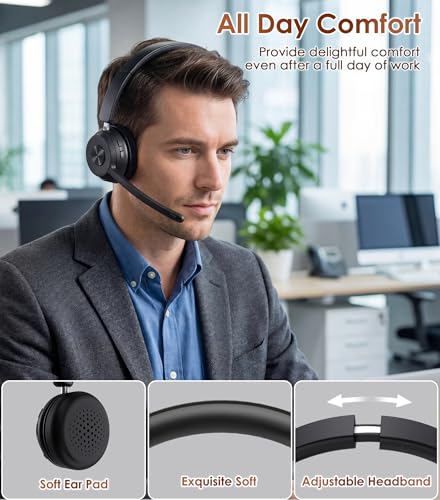 Soothielec Wireless Headset with Mic for Work, Bluetooth Headset with Noise Cancelling (Dark Grey) - color: Dark Grey