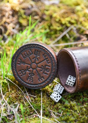Ulfberth - Viking dice Cup with Embossed Motif - Genuine Leather - Medieval Leather Cup with Engraving (with lid, Vegvisir Embossing, Brown) - color: Vegvisir Brown