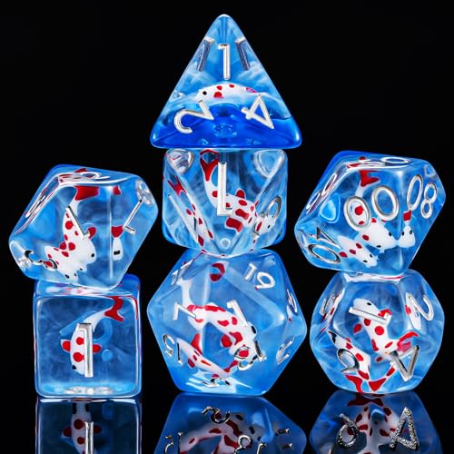 Resin D&D Dice Set, Polyhedral Dice for Dungeons and Dragons Role Playing Games (D20, D12, D10, D8, D6, D4) (Red Fish) - color: Red Fish