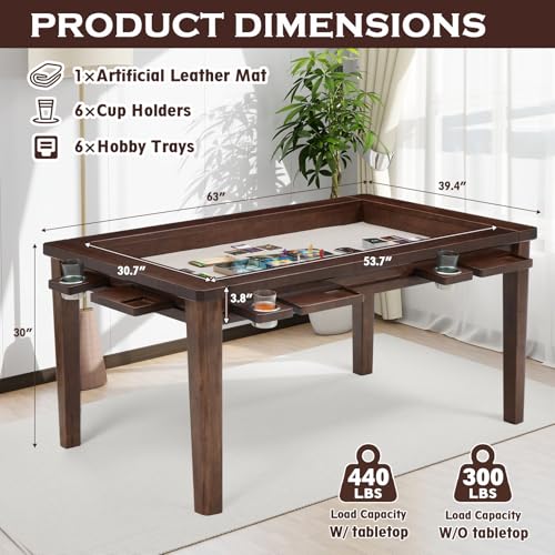 63"x39" Board Game Table with Removable Top Solid Wood Dining/Gaming Table | Gaming Table for 4-6 Players with Play Mat, 6 Detachable Cup Holders & 6 Hobby Trays (Black Walnut) - color: Black Walnut