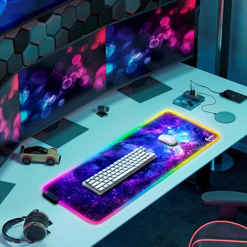 Gerlos RGB Gaming Mouse Pad, Large LED Desk Mat, 31.5 x 11.8 Inch | 12 light modes, non-slip base, water-resistant surface, stitched edges - color: Cosmic Glow