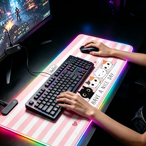 RGB Large Gaming Mouse Pad, Extended Mouse Pad with 12 Lighting Effects, Water Proof Mutispandex Surface, Non-Slip Rubber Base, 80x30 cm / 31.5×11.8 in (Cat) - color: Cat