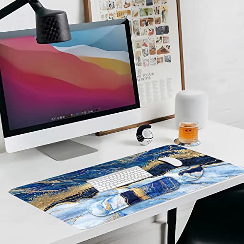 4-in-1 Large Gaming Mouse Pad, Keyboard Wrist Rest Pad & Wrist Support Mousepad Set, Extended Desk Pad Waterproof Desk Mat for Home Office Study Game - Blue Gold Marble - color: Blue Gold Marble