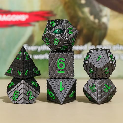 Metal Dice Set D&D,7 PCS Dragon Scale Metallic DND Dice Set,Dragon Eye Metal Dice with Grogeous Gift Case for Dungeons and Dragon Tabletop Game (Black Dragon Scale & Green Eye) - color: Black Dragon Scale & Green Eye
