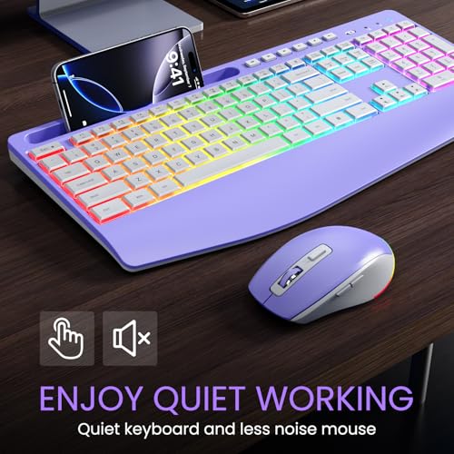 Wireless Keyboard and Mouse Combo- VEILZOR 2.4G Rechargeable Keyboard with Phone Holder, Ergonomic Wrist Rest, 9 RGB Backlit Effects, Silent Keyboard Mouse Set for Windows, Laptop, PC - color: Purple