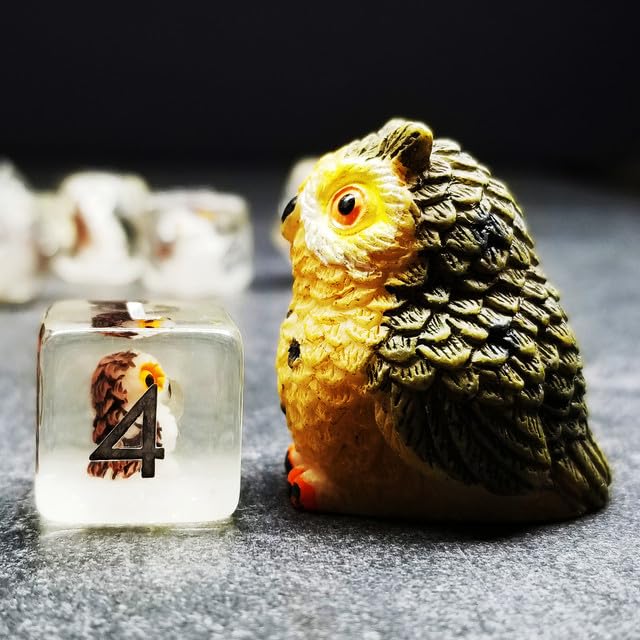 Sage's Portal Familiars Dice and Toy Set Combo Resin DND Dice Set Polyhedral Dice Set for Dungeons and Dragons RPG Pathfinder Tabletop TTRPG (Owl+ Figurine) - color: Owl, style: Dice Set +Mini Figure