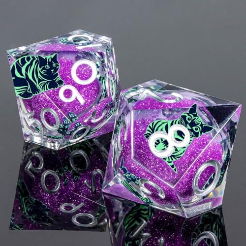 KERWELLSI Cat Liquid Core DND Dice Set with Gift Box, 7Pcs Resin Dungeons Sharp Edge D&D Dice, Dragons D and D Role Playing Dice D20 D12 D10 D8 D6 D4, Purple and Light Green Cat - color: Purple and Light Green Cat