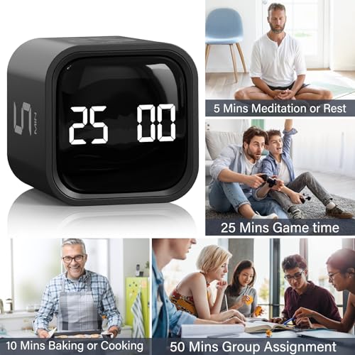 Rotating Pomodoro Timer 5/25/10/50, Desk Productivity Flip Timer, ADHD Tool | Countdown/Stopwatch Cube Timer, Vibration/High/Low Volume/Custom Modes, for Work Study, Back to School, Kitchen - color: Black