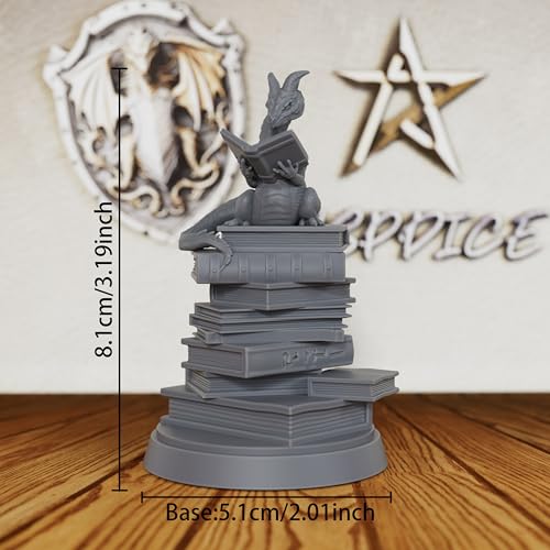 AUSPDICE Reading Dragon Miniature for Tabletop RPGs, 32mm DND Minis AS20 | Unpainted Resin Book Dragon on Stacked Tomes for DND, Dungeon Masters, Fantasy Collectors, Tabletop Gamers and RPG Gifts