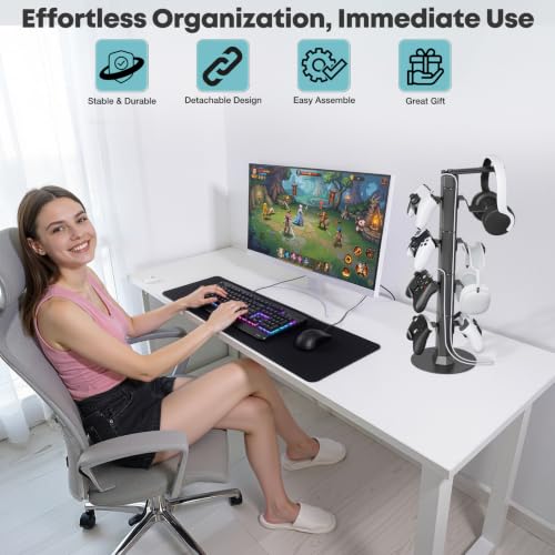 Controller & Headset Holder Stand for Desk, with Charger Cable Organizer Headphone Stand for PS5/ Xbox/ PS4/ Switch, Metal Base Controller Hanger Hook for Storage Earphones, Game Console, Mobile Phone - size: 4 Tiers