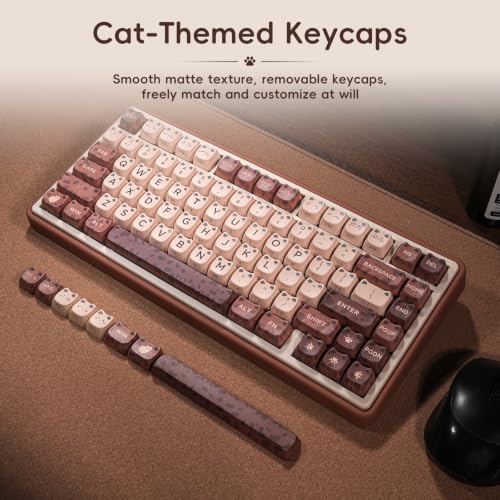 ZORNHER UR82 Mechanical Keyboard,75% Wireless Creamy Gaming Keyboard with Cute Leopard Cat Kawaii Glowing Kitty Ear Mao Keycaps, Aesthetics Compact Brown Keyboard for Home Office,Coffee Brown - color: Leopard Cat