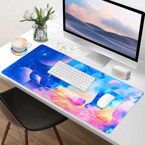 MEGREZ 4-in-1 Mouse Pad with Wrist Rest Ergonomic Memory Foam Desk Mat Set | ergonomic, anti-slip base, 4pcs set, desk pad, mouse wrist rest, keyboard rest, coaster, ideal for office & gaming - color: Colorful Interstellar