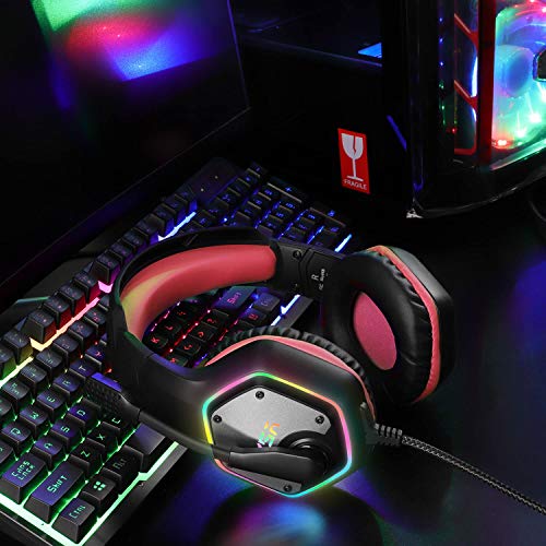 EKSA E1000 Gaming Headset, Computer Headphones with Noise Canceling Mic & RGB Light, 7.1 Surround Sound, Compatible with PC, PS4 PS5 Console, Laptop (Red) - color: Red