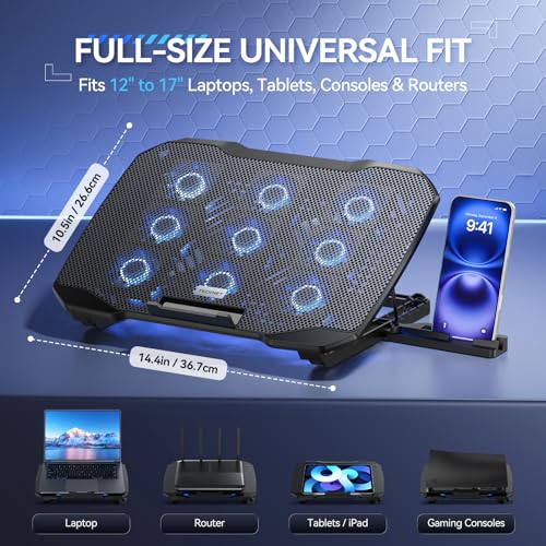 TECKNET Laptop Cooling Pad with Phone Stand, 9 Quiet Fans with LED Lights, 5 Height Adjustable & 2 USB Ports, Stepless Speed Control to 2600 RPM Laptop Cooler, Laptop Cooling Stand for 12-17.3 Inch