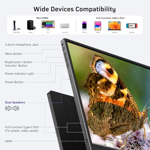 Anyuse 18.5 Inch Portable Monitor 100Hz FHD 1080P IPS Display with Integrated Stand Dual Speakers USB-C HDMI External Screen for Laptop PC Phone Gaming Console Travel Display - size: 18.5''