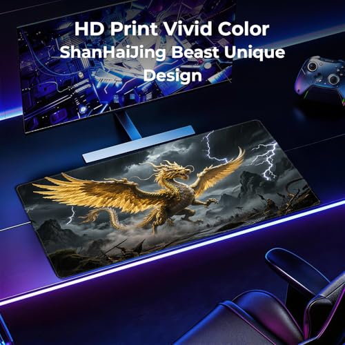 Large Thunder Dragon Gaming Mouse Pad, Chinese Desk Mat 31.5X15.7 | HD Print, Non Slip Rubber Base, Waterproof Fabric Top, Stitched Edges, Ideal Gift for Dorm, Home, Office & Back to School - color: Black