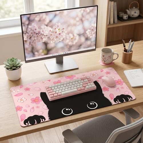 Black Cat Mouse Pad Extended Large Cute Pink Cherry Blossom Desk Mat Big Floral Flowers Desk Pad Set XXL Aesthetic Paw Gaming Mouse Pad for Keyboard Computer Laptop Home Office Girl 31.5X15.7Inches - color: Cherry Blossom Cat