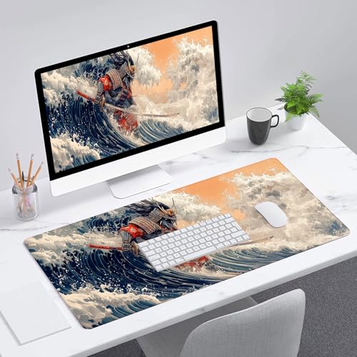 Japanese Samurai Gaming Mouse Pad Desk Pad Retro Poster Armor Katana Waves Large Gaming Mouse Mat with Stitched Edges,Non-Slip Waterproof Rubber Base Mouse Mat 31.5"x11.8" - color: Japanese-samurai, size: 31.5" x 11.8"