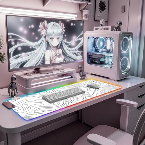 RGB Mouse Pad for Gaming I Large Mousepad with 14 Led Modes I Keyboard Pad Gaming Desk Mat I Non-Slip Rubber Base Mouse Mat I 900x400x4mm Waterproof Mousepad for Gamer I Cool White Line - color: White Line
