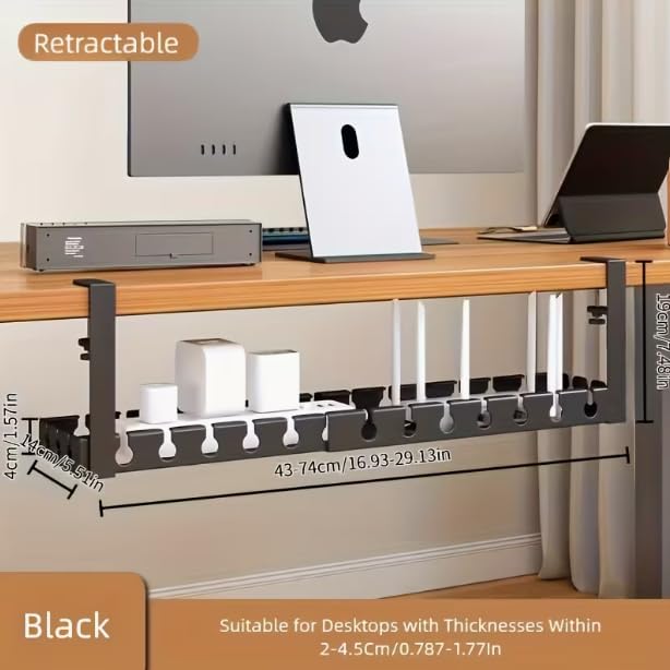 Extendable Under Desk Cable Management Tray, 17"-28.7" Clamp On Cord Organizer, No Drilling Metal Cable Management Holds Up to 11 lbs, Desk Storage for Office and Gaming Accessories