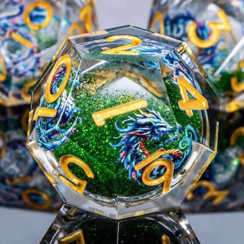 Roycevon Dragon Pattern Liquid Core DND Dice Set, 7Pcs Sharp Edge D&D Dice with Gift Box, Green Resin Dungeons Dragons D and D Role Playing Dice D20 D12 D10 D8 D6 D4 - color: Green Gold