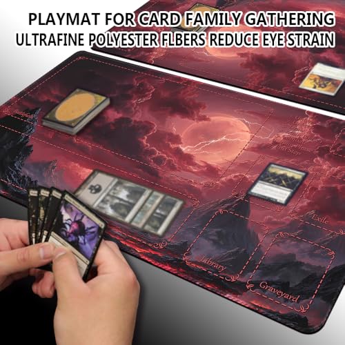 MTG Playmats(Stitched) 14x24in Compatible for OCG CCG RPG TCG Playmats with Card Zones Storage Bag (Fantasy Moon-with Zone) - color: Fantasy Moon-with Zone