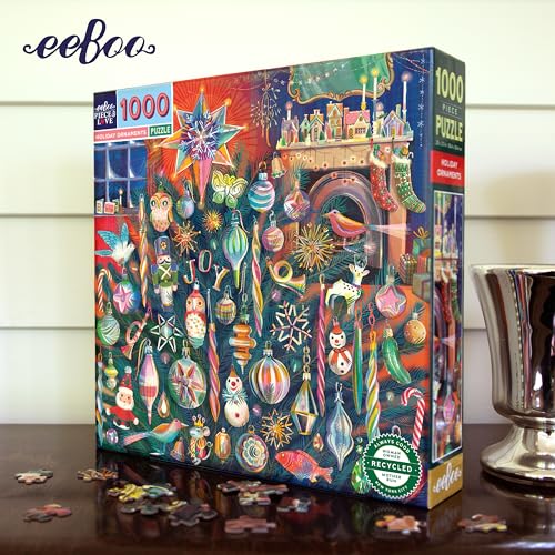 eeBoo Holiday Ornaments 1000 Piece Square Puzzle, 23" x 23" Christmas Theme | Double coated, sturdy & dust free pieces with a satisfying snap. Includes full color reference insert. Vibrant, original art - style: Holiday Ornaments