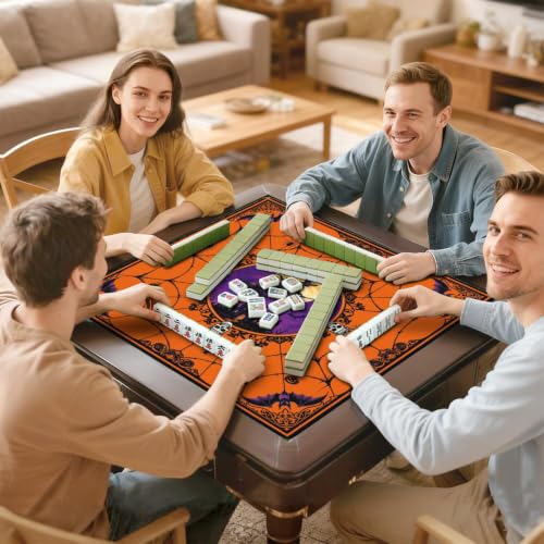 Orange Halloween Mahjong Mat for Table, 31.5*31.5in Anti Slip Mahjong Table Cover, Noise Reduction, Neoprene Mah jongg Mat with Carrying Bag & 3 Dices, Witch Scary Holiday Poker Board Tile Games Mats - color: Halloween01