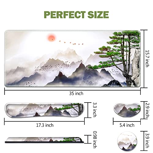 AIMSA Large Gaming Mouse Pad Set, Keyboard Wrist Rest Support + Extended Mouse Pad + Mouse Wrist Cushion + Coaster, Ergonomic Memory Foam Desk Mat 35x15.7in Anti-Slip Base (Pine Tree Mountains) - color: Pine Tree Mountains