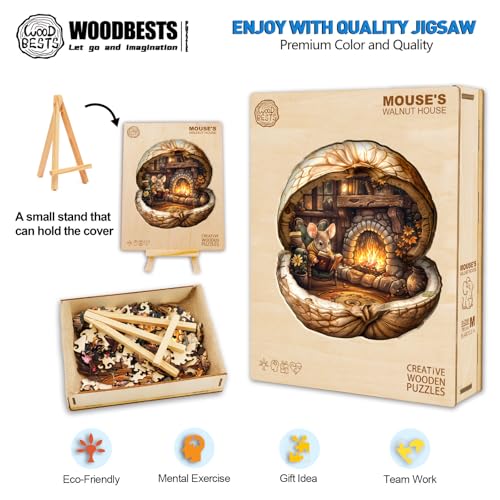 WOODBESTS Wooden Puzzles for Adults - Mouse's Walnut House, Mouse Wooden Jigsaw Puzzle, Unique Animal Wood Puzzles Adult, Xmas Gifts for Puzzle Lovers(185 Pcs, M, 11.4"x10.2") - size: Medium