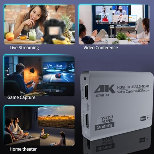4K HDMI Video Capture Card with Loop-Out, USB 3.0, 1080P 60FPS/2K 30FPS, Audio & Video Streaming Capture Device for PS5, Switch, Camera, PC, Compatible with OBS