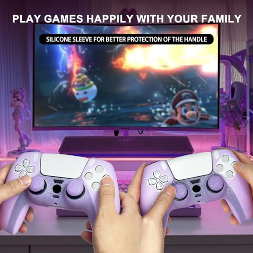 Purple Glitter Silicone Protective Case for PS5 Controller, Sparkly Bling Soft Cover Skins, Includes 8-in-1 Glitter Thumb Grip Caps + 2 Cat Paw Caps – Shockproof Dustproof Anti-Slip - color: Purple