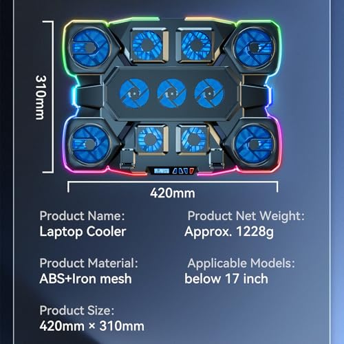 Gaming Laptop Cooling Pad - 11 High Speed Turbo Fans Ultra Quiet Laptop Cooler Stand with RGB Lights Digital Display Height Adjustable for 17 Inch Laptop