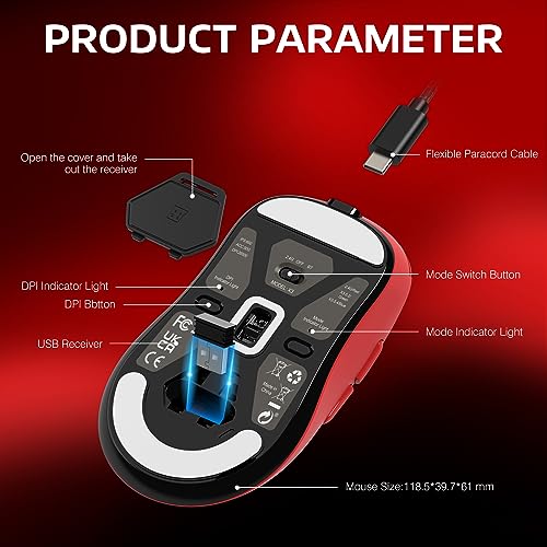 ATTACK SHARK X3 Wireless Gaming Mouse, 49g Ergonomic Computer Mouse, Triple Modes PAW3395 26K DPI Optical Sensor, 200h Battery Life, Programmable Buttons, Gaming Accessories for PC/Laptop/Mac (Red) - color: Red