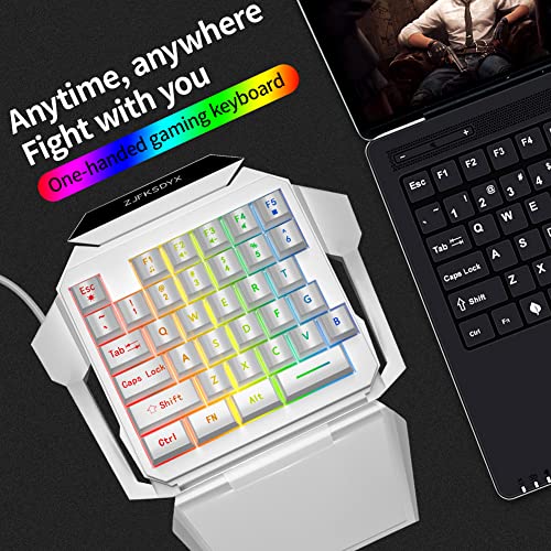 One-Handed Gaming Keyboard and Mouse Combination Mini Wired RGB Backlit Half Keyboard, Mechanical Feel, Support Wrist Rest Suitable for Professional Gamers(White) (Renewed)